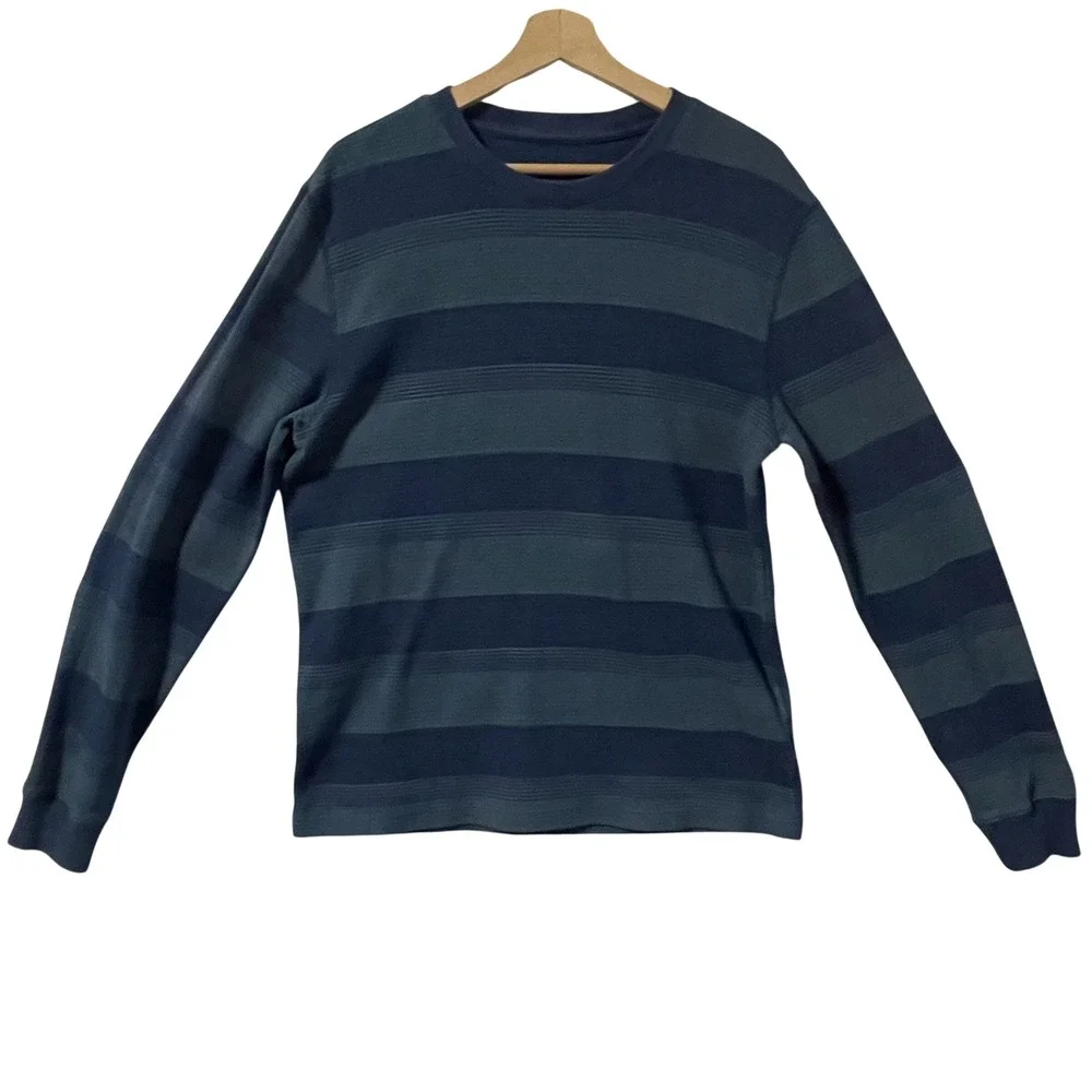 Roebuck‎ & Co Mens Blue Striped Thermal Long Sleeve Shirt Waffle Knit Large